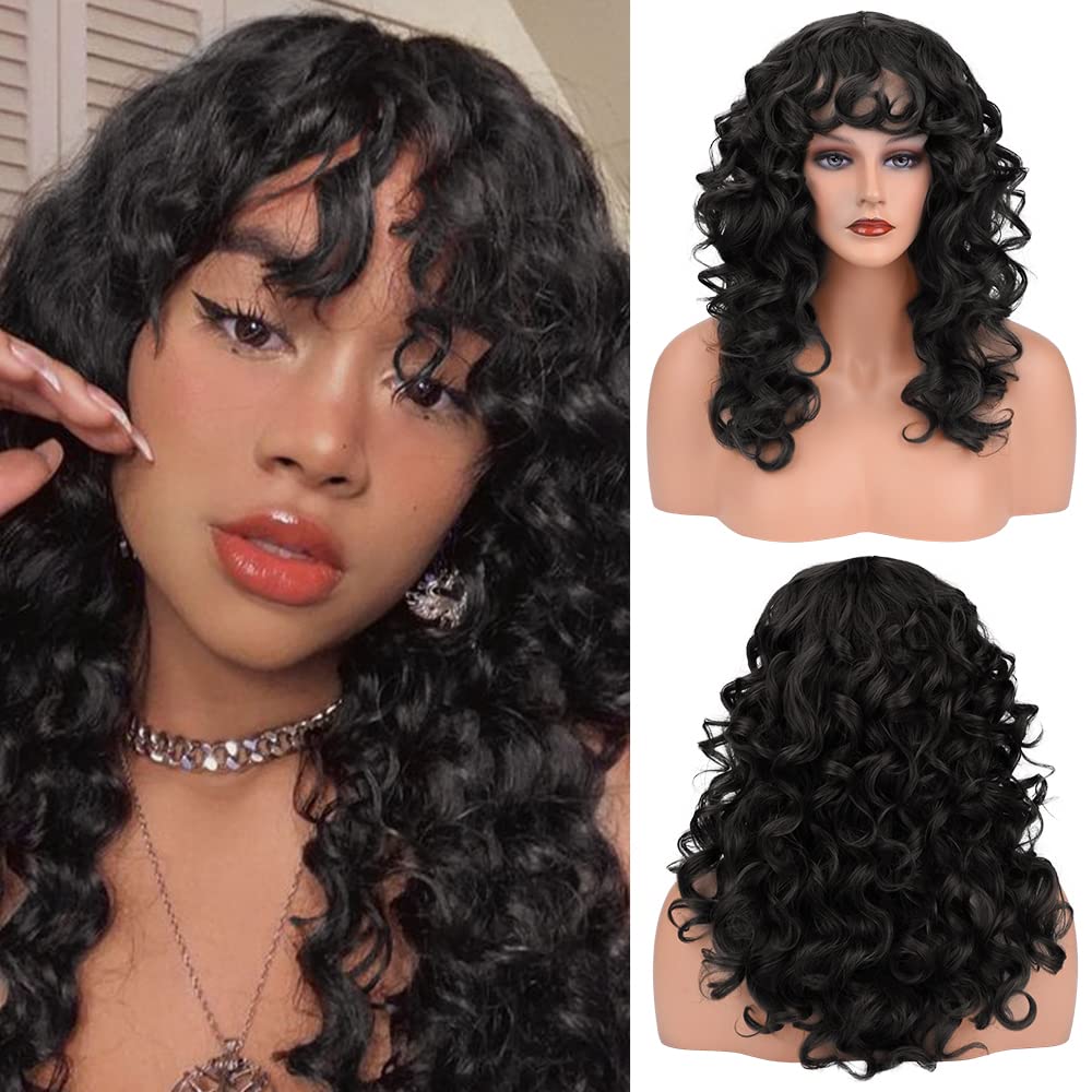 Curly wigs with Bangs Brown Shag Haircuts Wig Synthetic Hair