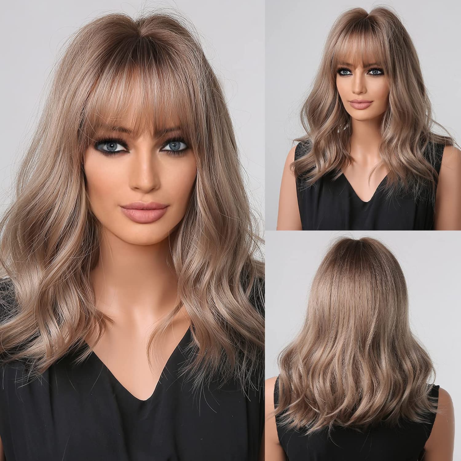 Short Gray Blonde Curly Wigs With Bangs Ombre Wavy Bob Wigs