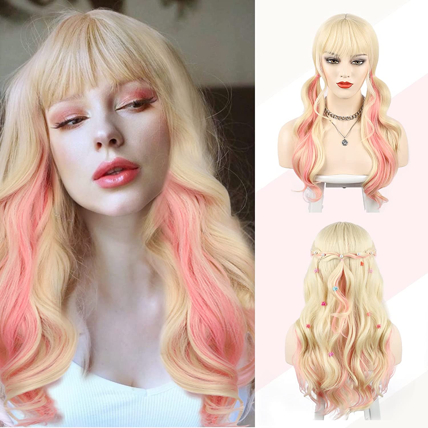 Messy Long Oceanic Wavy Hair (Blonde Pink)