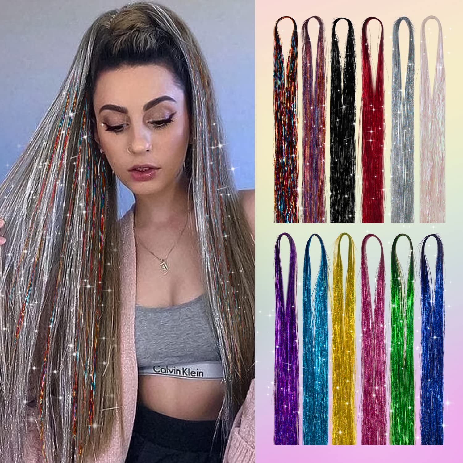 NIACONN 18 Colors Fairy Hair Tinsel Kit, 48 inch 3600 Strands Glitter Tinsel Hair Extensions for Girls Womens Christmas New Year Halloween Cosplay