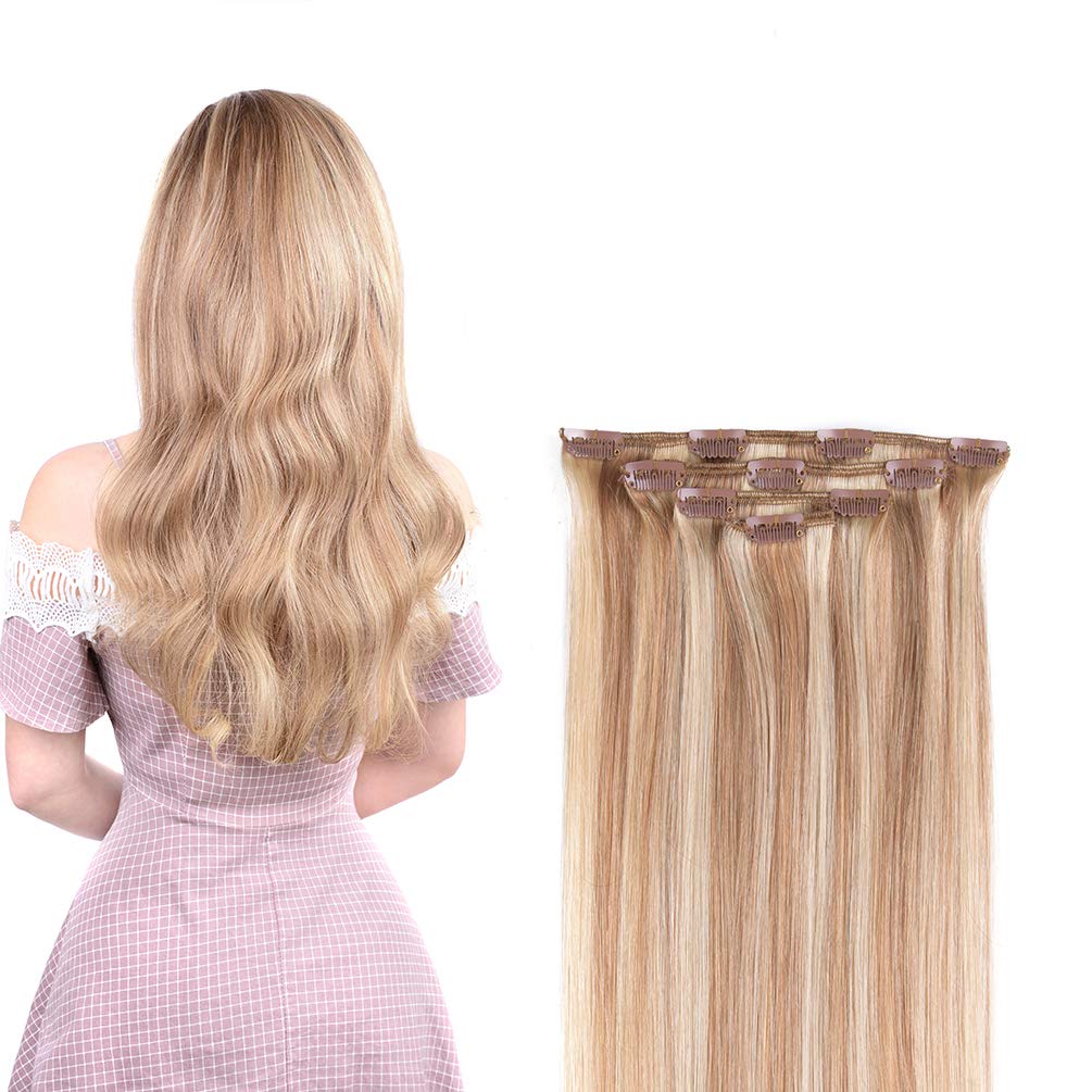 FESHFEN Clip in Human Hair Extensions 7 top Piece, 18”