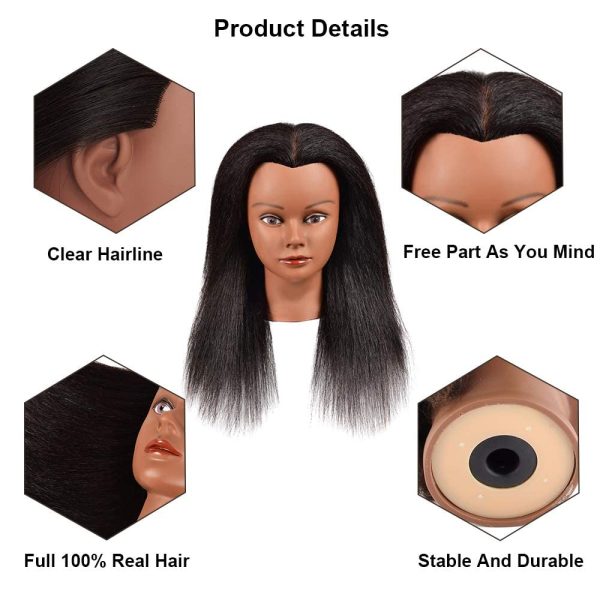 Kalyx African Mannequin Head Real Hair for Cosmetology Manikin Maniquins  Hairdresser Practice Training Head Doll Head and Table Clamp Stand(B12)