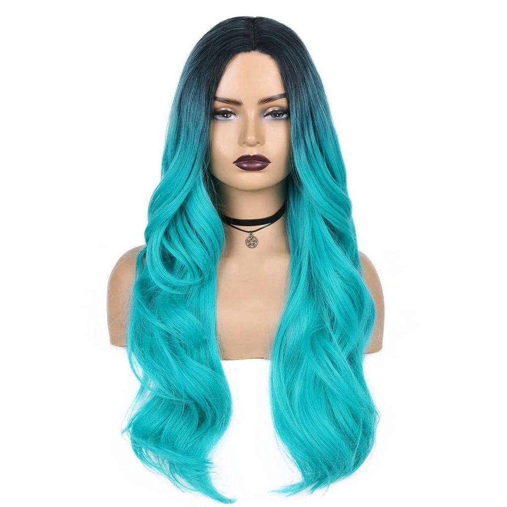 Ombre Black Cyan Long Curly Wigs For Women, Natural Teal Cyan Synthetic ...