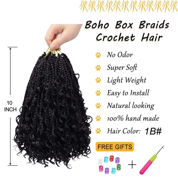 Goddess Box Braids Crochet Hair 10 Inch Bohemian Box Braids Crochet Hair  With Curly Ends Boho 3x Synthetic Crochet Braiding Hair For Black Women (1  Pack, 1b#)