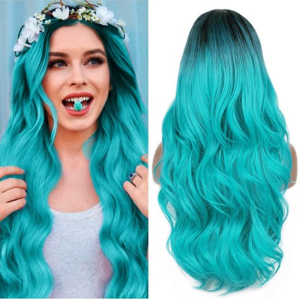 Ombre Black Cyan Long Curly Wigs For Women, Natural Teal Cyan Synthetic ...