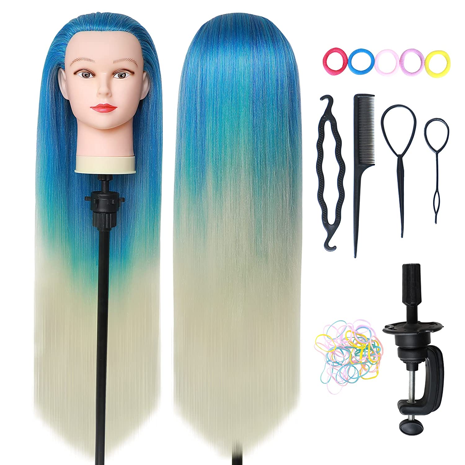 Doll Head For Styling 26-28 Inch Hairdressing Head, Training Heads, 100% Synthetic  Hair Wig Head With Holder + Diy Hair Accessories Styling Set