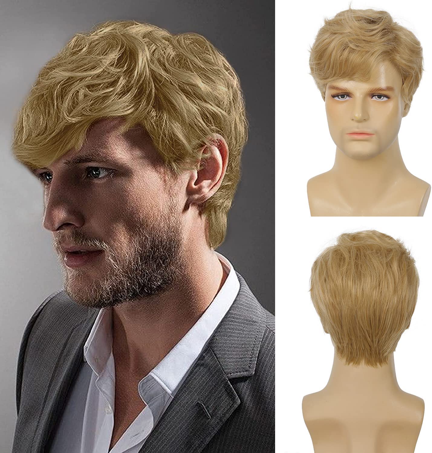 Mens Blonde Wig Curly Cosplay Wig Synthetic Halloween Hair Wig