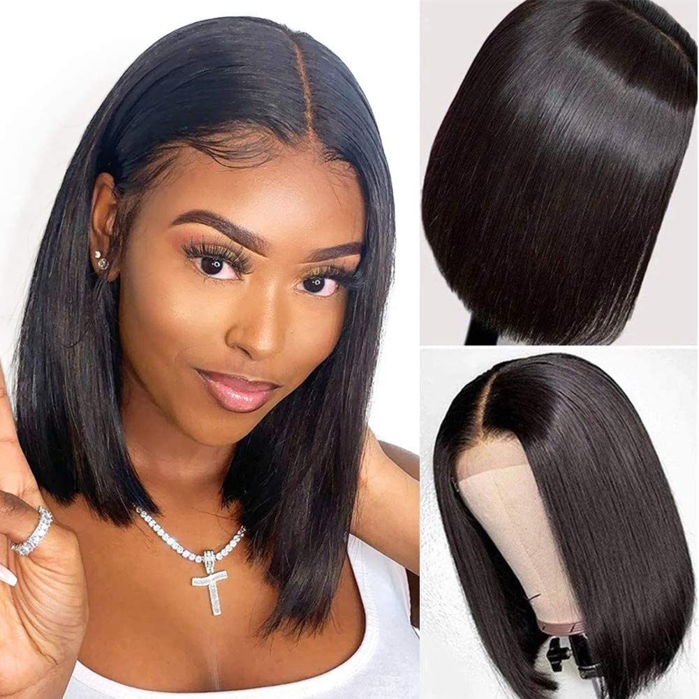 Glueless Lace Front Wig Human Hair Lace Front Wigs Straight Short Bob Wigs  Black