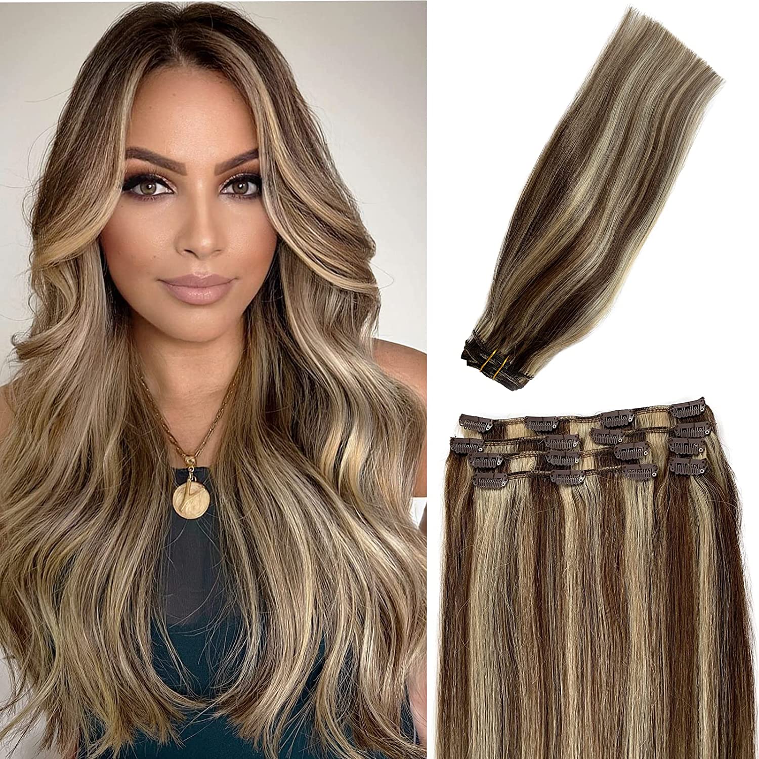 VARIO Hair Remy Clip in Hair Extensions Blonde Balayage 70grams 15 Short  Straight Human Hair Extensions Clips in Medium Brown to Bleach Blonde