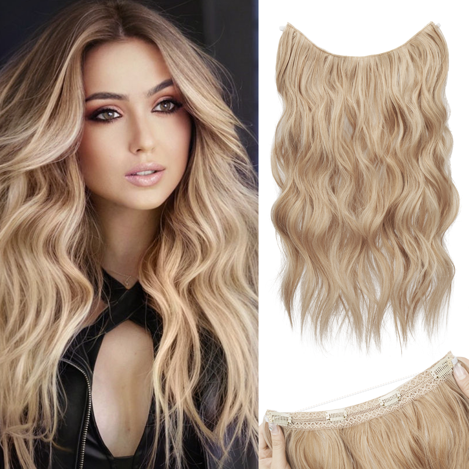 Invisible Wire Hair Extensions with Transparent Wire Adjustable Size 4  Secure Clips Long Wavy Secret Hairpiece (24 Inch, Light Brown mix Highlight